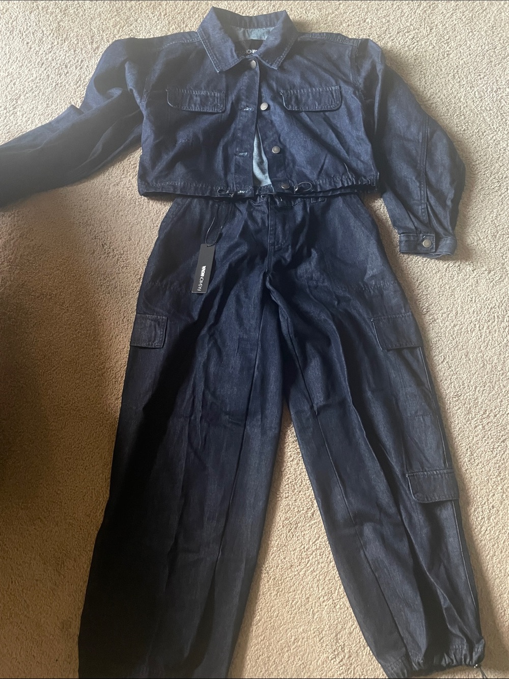 Fashion Nova Dark Denim Two-Piece Cargo Jumpsuit
